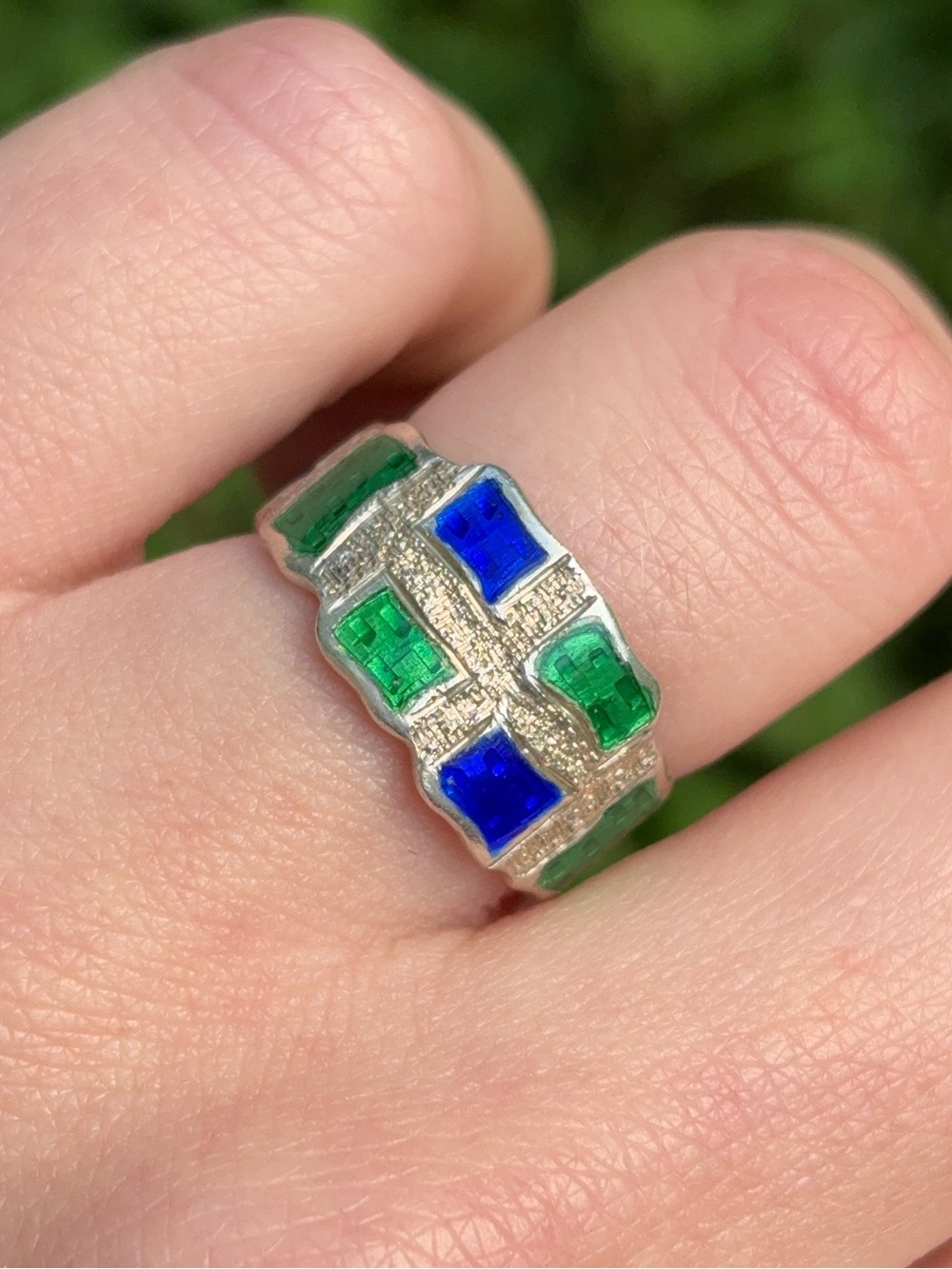 Sterling Silver Colored Enamel Modernist Siam Vintage Band Ring